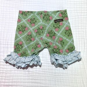 Matilda Jane EUC size 6 ruffle shorties light green floral with blue ruffles
